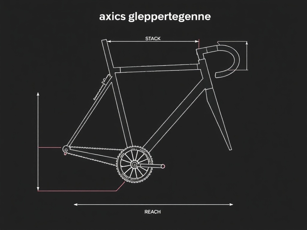 자전거 프레임 도면 위에 바텀 브라켓을 기준으로 스택과 리치 측정선이 수직, 수평으로 표시된 다이어그램