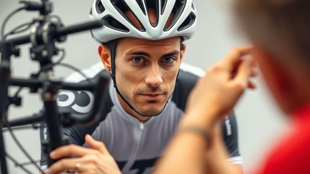 전문 피팅 장비를 사용하여 라이더의 신체 조건에 맞는 스택과 리치를 측정하는 모습